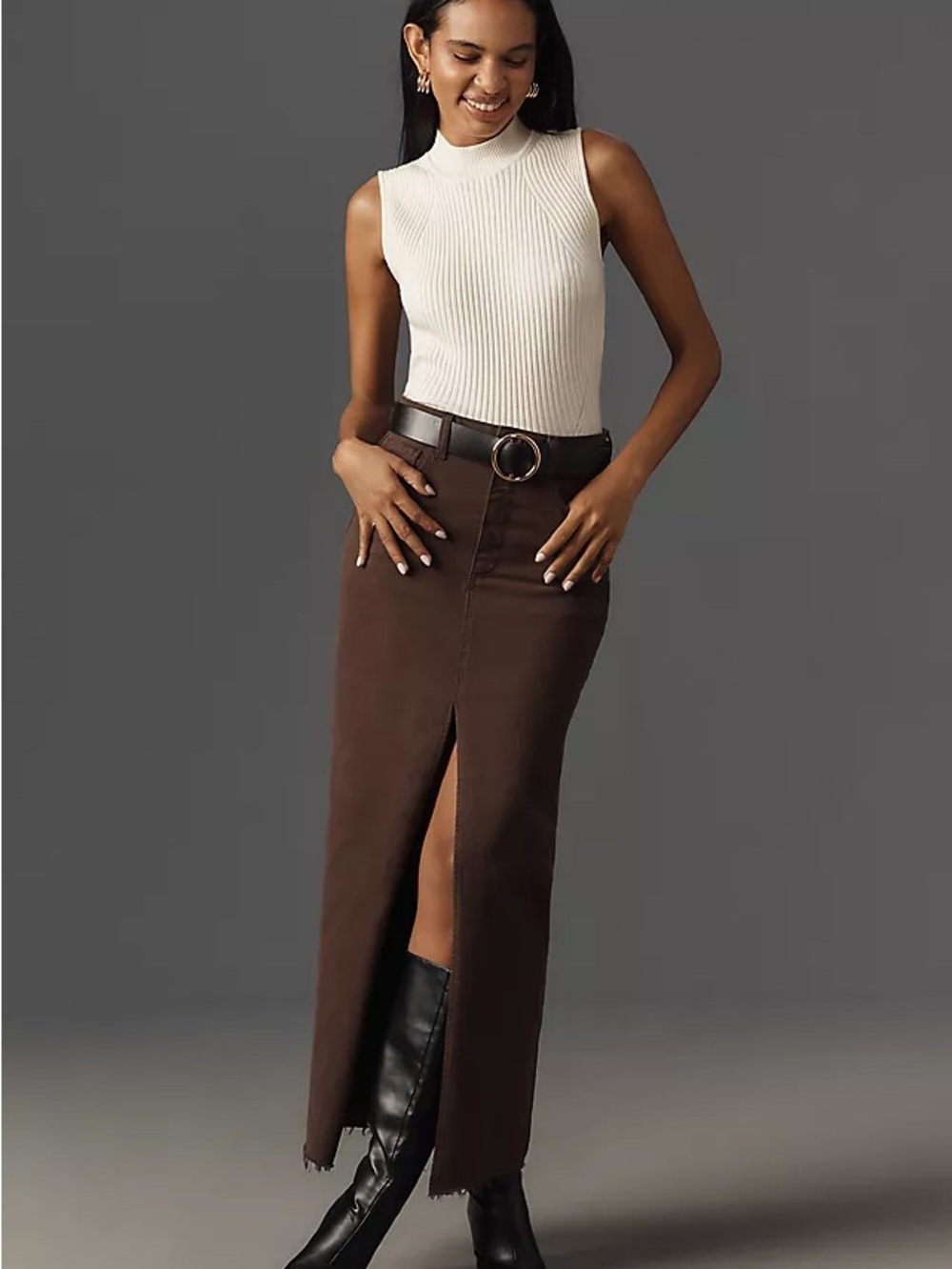 PAIGE AngelaWomen’s High-Waist Brown Maxi Skirt with Front Slit